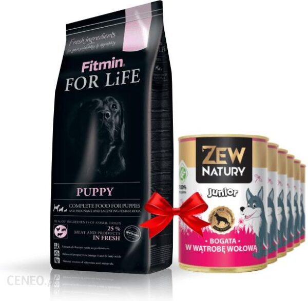 Fitmin Dog For Life Puppy 15kg + Zew Natury karma mokra 94% mięsa 6x400g